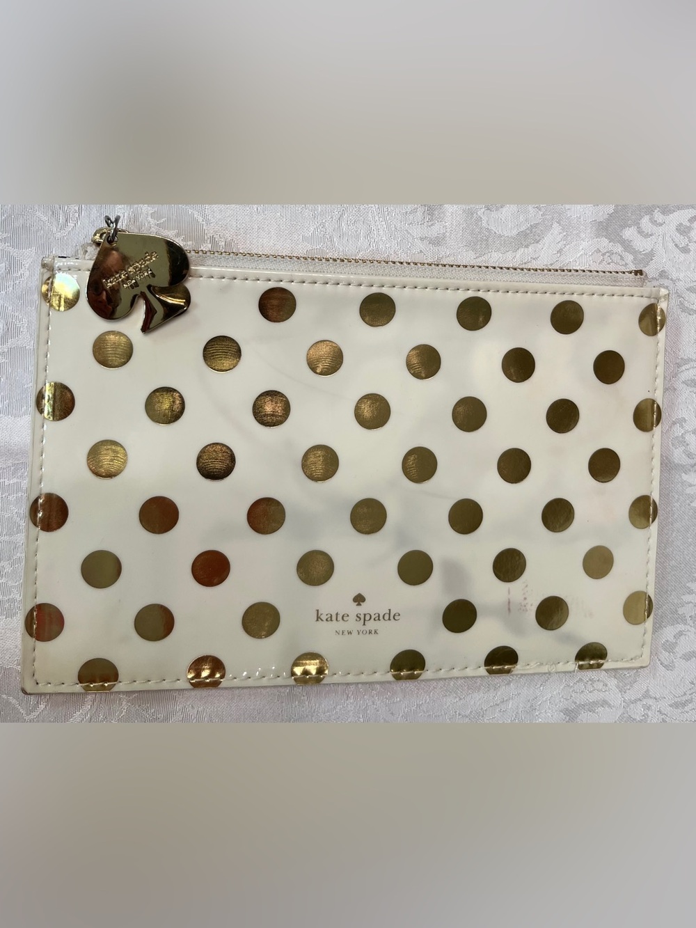Kate Spade Cream and Gold Polka Dot Zip Pouch with Gold Spade Charm